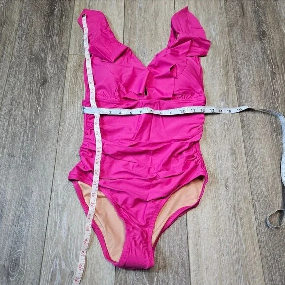 J. Crew Ruched V Neck Ruffle One Piece Swimsuit Women's 8 Fuchsia Hot Pink - Picture 4 of 8